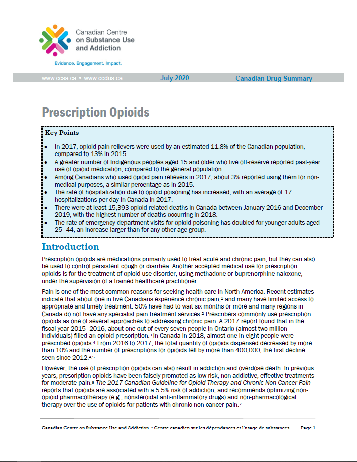 The first page of the of the Prescription Opioids drug summary