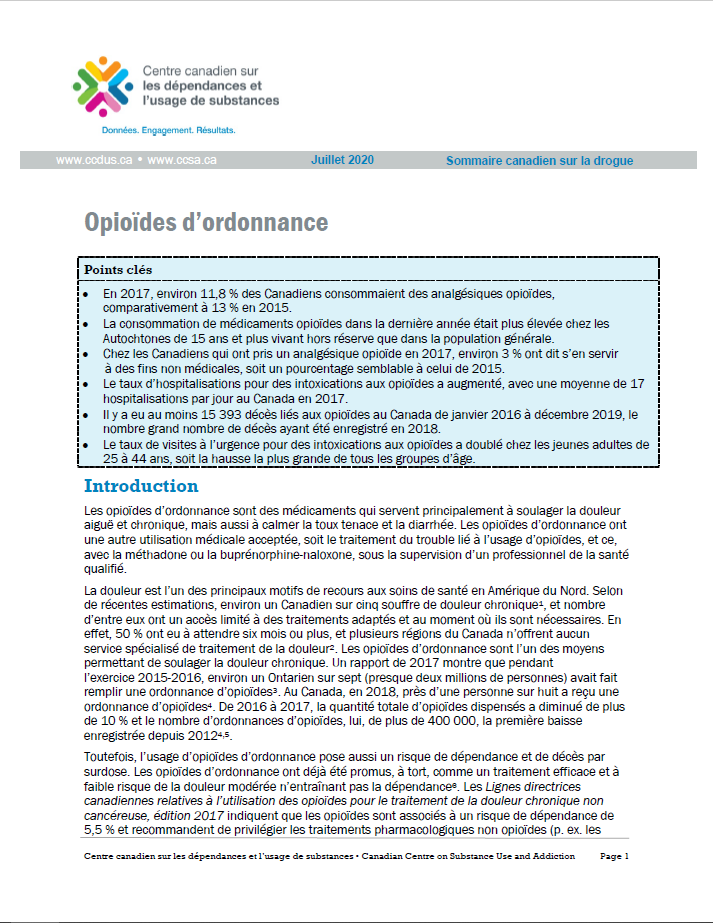 La première page du sommaire sur les opioïdes d’ordonnance